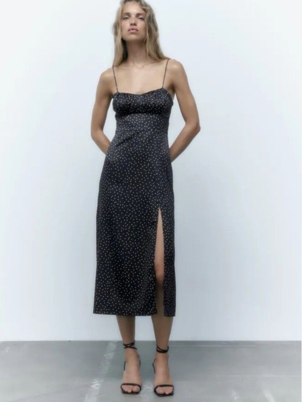 Zara Black Polka Dot Spaghetti Strap Satin Midi Dress